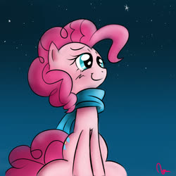 Size: 1000x1000 | Tagged: safe, artist:celine-artnsfw, pinkie pie, earth pony, pony, g4, clothes, cute, diapinkes, female, lidded eyes, mare, night, scarf, sitting, sky, smiling, solo, stars