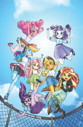 Size: 1186x1800 | Tagged: safe, artist:pencils, edit, editor:rmzero, idw, applejack, fluttershy, pinkie pie, rainbow dash, rarity, sci-twi, sunset shimmer, twilight sparkle, equestria girls, g4, spoiler:comic, armpits, boots, clothes, cloud, comic cover, converse, cute, dress, humane five, humane seven, humane six, jumping, leather, leather boots, march radness, pantyhose, ribbon sandals, shoes, skirt, sky, sneakers, sun, tank top, tights, trampoline