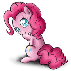 Size: 800x800 | Tagged: safe, artist:celine-artnsfw, pinkie pie, earth pony, pony, g4, colored pupils, cute, diapinkes, female, looking at you, looking back, looking back at you, mare, simple background, sitting, smiling, solo, white background