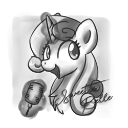 Size: 2048x2048 | Tagged: safe, artist:sugar morning, sweetie belle, pony, unicorn, g4, black and white, bust, chest fluff, doodle, female, grayscale, high res, magic, magic aura, mare, microphone, monochrome, older, older sweetie belle, portrait, simple background, singing, sketch, solo, text, white background