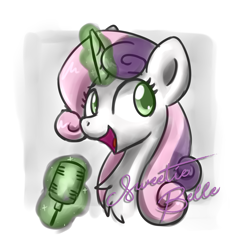 Size: 2048x2048 | Tagged: safe, artist:sugar morning, sweetie belle, pony, unicorn, g4, bust, chest fluff, colored pupils, doodle, female, glowing, glowing horn, high res, horn, magic, magic aura, mare, microphone, older, older sweetie belle, portrait, simple background, singing, sketch, solo, telekinesis, text, white background