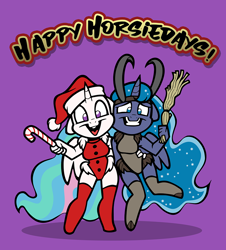 Size: 1000x1105 | Tagged: safe, artist:toonbat, princess celestia, princess luna, alicorn, anthro, g4, birch tree, candy, candy cane, christmas, clothes, costume, duo, female, food, holiday, horns, krampus, pun, royal sisters, santa costume, swimsuit