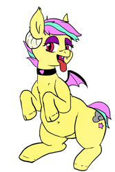 Size: 1000x1500 | Tagged: safe, artist:tacodeltaco, oc, oc only, oc:star shower, bat pony, pony, succubus, 2020 community collab, derpibooru community collaboration, chubby, cloven hooves, collar, female, simple background, tongue out, transparent background