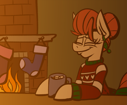 Size: 1245x1032 | Tagged: safe, artist:cowsrtasty, oc, oc only, oc:penny inkwell, pony, chocolate, christmas, christmas stocking, christmas sweater, clothes, fireplace, food, holiday, hot chocolate, mug, solo, stockings, sweater, thigh highs