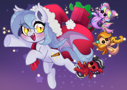 Size: 3507x2481 | Tagged: safe, artist:techycutie, oc, oc only, oc:assateagues phoenix, oc:roaring thunder, oc:saltwater taffy, hippogriff, pony, bag, bow, braid, button eyes, christmas, clothes, costume, female, group shot, hat, high res, holiday, male, mascot, plushie, present, sack, santa costume, santa hat, seaquestriafest, stars