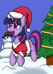 Size: 1500x2100 | Tagged: safe, artist:trash anon, twilight sparkle, pony, unicorn, g4, christmas, christmas tree, clothes, costume, cute, cutie mark, eyelashes, female, hat, holiday, horn, mare, multicolored mane, multicolored tail, open mouth, prancing, santa costume, santa hat, smiling, snow, snowman, solo, tail, tree, twiabetes