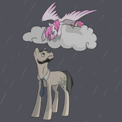 Size: 2000x2000 | Tagged: safe, artist:phobicalbino, oc, oc only, oc:laurel, oc:winter carol, earth pony, pegasus, pony, bald, beard, cloud, facial hair, female, gray background, high res, looking down, lying on a cloud, male, mare, necktie, oc x oc, shipping, simple background, stallion