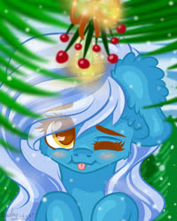 Size: 2000x2500 | Tagged: safe, artist:kindny-chan, oc, oc:fleurbelle, alicorn, pony, adorabelle, adorable face, alicorn oc, blushing, christmas, cute, female, high res, holiday, holly, holly mistaken for mistletoe, horn, mare, ocbetes, one eye closed, ribbon, snow, snowfall, tongue out, tree, wink