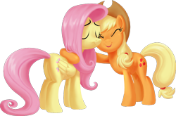 Size: 1024x674 | Tagged: safe, artist:cloudy glow, artist:littmosa, applejack, fluttershy, earth pony, pegasus, pony, g4, duo, eyes closed, female, folded wings, hug, mare, simple background, smiling, transparent background, wings