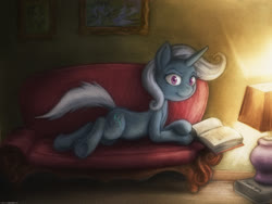 Size: 1600x1200 | Tagged: safe, artist:darkdoomer, trixie, pony, unicorn, g4, bedroom eyes, book, colored, couch, female, lamp, looking at you, mare, prone, reading, solo, traditional art