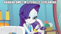 Size: 888x499 | Tagged: safe, edit, edited screencap, screencap, rarity, equestria girls, equestria girls specials, g4, my little pony equestria girls: better together, my little pony equestria girls: rollercoaster of friendship, blatant lies, caption, eyeshadow, female, geode of shielding, image macro, impact font, lidded eyes, lip bite, magical geodes, makeup, meme, phone, reaction image, sewing, solo, text, text edit, texting, yarn, yarn ball