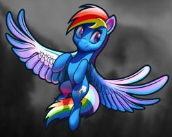 Size: 2500x2000 | Tagged: dead source, safe, rainbow dash, pegasus, pony, g4, belly, belly button, blue, cute, dashabetes, female, flying, glowing, high res, majestic, mare, rainbow, reflection, solo, spread wings, subsurface scattering, wings