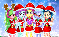 Size: 2000x1236 | Tagged: safe, artist:dieart77, indigo zap, lemon zest, sour sweet, sugarcoat, sunny flare, equestria girls, g4, christmas, clothes, costume, female, glasses, hat, holiday, looking at you, santa costume, santa hat, shadow five, snow