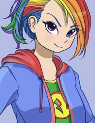 Size: 1235x1600 | Tagged: safe, artist:0cilo, rainbow dash, human, g4, alternate hairstyle, blue background, bust, clothes, cute, dashabetes, ear piercing, female, hoodie, humanized, looking at you, piercing, ponytail, simple background, solo