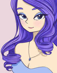 Size: 1235x1600 | Tagged: safe, artist:0cilo, rarity, human, g4, bare shoulders, beautiful, breasts, bust, cleavage, cute, eyeshadow, female, humanized, jewelry, lidded eyes, looking at you, makeup, necklace, purple background, raribetes, simple background, solo