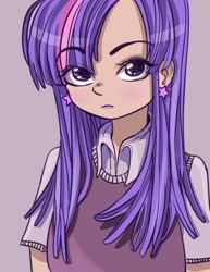 Size: 1235x1600 | Tagged: safe, artist:0cilo, twilight sparkle, human, g4, bust, cute, ear piercing, earring, female, humanized, jewelry, piercing, purple background, simple background, sweater vest, twiabetes