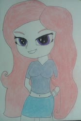 Size: 1296x1944 | Tagged: safe, oc, oc only, oc:pink purple, equestria girls, g4, belly button, clothes, drawing, midriff, photo, pink hair, skirt, smiling, solo, traditional art
