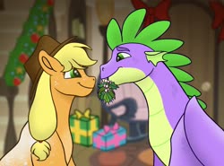 Size: 2516x1859 | Tagged: safe, artist:bella-pink-savage, applejack, spike, dragon, earth pony, pony, g4, christmas, christmas tree, coat markings, cute, dappled, female, holiday, looking at each other, male, mare, mistletoe, mouth hold, older, older spike, present, profile, ship:applespike, shipping, straight, tree, winged spike, wings