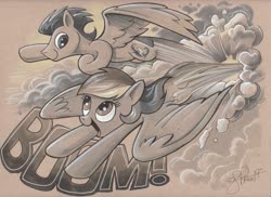 Size: 3508x2552 | Tagged: safe, artist:andypriceart, rainbow dash, soarin', pegasus, pony, backwards cutie mark, cloud, colored pencil drawing, female, flying, grayscale, male, mare, marker drawing, monochrome, shipping, soarindash, stallion, straight, traditional art, wonderbolts