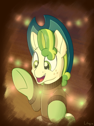 Size: 1850x2480 | Tagged: safe, artist:litrojia, pistachio, earth pony, pony, g4, my little pony best gift ever, abstract background, christmas, clothes, hat, hearth's warming, holiday, led, lights, male, open mouth, raised hoof, raised leg, sitting, smiling, socks, solo, stallion, sweater, winter outfit