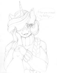 Size: 1889x2439 | Tagged: safe, artist:longinius, princess celestia, alicorn, human, anthro, alternate hairstyle, blushing, braid, clothes, cute, cutelestia, dialogue, female, looking at you, male, offscreen character, pov, ring, short hair, sketch, sweater, talking to viewer, traditional art