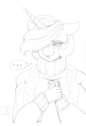 Size: 1754x2550 | Tagged: safe, artist:longinius, princess celestia, alicorn, human, anthro, alternate hairstyle, blushing, clothes, female, holding hands, male, offscreen character, pov, short hair, sketch, sweater, traditional art