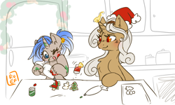 Size: 5000x3000 | Tagged: safe, artist:ruef, oc, oc only, oc:mach diamond, oc:rewind, pony, unicorn, christmas, christmas cookies, cloven hooves, cookie, duo, female, food, holiday, icing bag, interspecies offspring, mother and child, mother and daughter, offspring, parent:oc:delta dart, parent:oc:rewind, parents:oc x oc, patreon, patreon reward