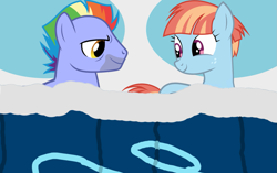 Size: 1337x840 | Tagged: safe, artist:dashiesparkle edit, artist:electrochoc, edit, vector edit, bow hothoof, windy whistles, pony, g4, 1000 years in photoshop, accessory-less edit, aftersex, and that's how rainbow dash was made, bed, covers, duo, female, husband and wife, in bed, looking at each other, male, mare, missing accessory, pillow, ship:windyhoof, shipping, smiling, stallion, straight, under the covers, vector