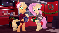 Size: 3840x2160 | Tagged: safe, artist:owlpirate, applejack, fluttershy, semi-anthro, g4, 3d, arm hooves, blushing, christmas, clothes, dork, female, gift wrapped, hat, high res, holiday, lesbian, santa hat, ship:appleshy, shipping, source filmmaker
