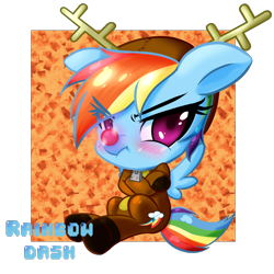 Size: 1800x1800 | Tagged: safe, artist:noisyvox, rainbow dash, pegasus, pony, g4, abstract background, animal costume, backwards cutie mark, blushing, christmas, clothes, costume, crossed hooves, cute, dashabetes, embarrassed, eye clipping through hair, female, holiday, kigurumi, mare, pixiv, rainbow dash is not amused, reindeer costume, reindeer dash, rudolph dash, rudolph the red nosed reindeer, scrunchy face, sitting, solo, tsunderainbow, tsundere, unamused