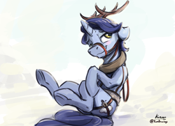 Size: 2400x1734 | Tagged: safe, artist:kam, november rain, deer, pony, reindeer, unicorn, g4, antlers, bedroom eyes, christmas, friendship student, harness, holiday, male, reins, snow, solo, stallion, tack
