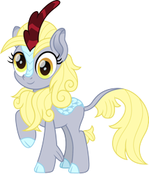 Size: 826x967 | Tagged: safe, artist:cloudy glow, derpy hooves, kirin, g4, cloudyglow is trying to murder us, cute, female, kirin derpy hooves, kirin-ified, quadrupedal, raised hoof, simple background, smiling, solo, species swap, transparent background, vector