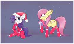 Size: 5000x3000 | Tagged: safe, artist:rainyvisualz, fluttershy, rarity, pegasus, pony, unicorn, g4, christmas, clothes, duo, female, gift wrapped, hat, holiday, mare, mouth hold, present, santa hat, socks, stockings, thigh highs