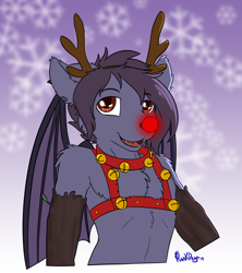 Size: 2400x2700 | Tagged: safe, artist:punk-pegasus, oc, oc only, oc:nyn indigo, bat pony, hybrid, timber wolf, anthro, animal costume, bell, bell collar, bells, christmas, collar, costume, glowing nose, harness, high res, holiday, male, reindeer costume, snow, solo, tack