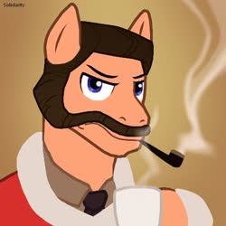 Size: 512x512 | Tagged: safe, artist:frenchfry12, artist:hazy_reply, oc, oc only, oc:solidarity, earth pony, pony, clothes, coffee, male, muttonchops, pipe, simple background, smoking, soldier, soldier (tf2), solo, stallion, team fortress 2