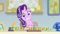 Size: 1920x1080 | Tagged: safe, edit, edited screencap, screencap, starlight glimmer, pony, unicorn, g4, student counsel, awkward smile, bracelet, female, floppy ears, food, inkwell, jewelry, kelly sheridan, looking at you, mare, photo, sitting, smiling, solo, starlight's office, text, too many cooks