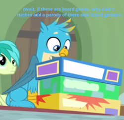 Size: 257x249 | Tagged: safe, edit, edited screencap, screencap, gallus, sandbar, earth pony, griffon, pony, g4, interseason shorts, teacher of the month (episode), board game, boxes, caption, cropped, duo, folded wings, hasbro gaming, looking down, meme, misspelling, sitting, talking to himself, thinking