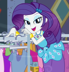 Size: 988x1035 | Tagged: safe, screencap, rarity, human, equestria girls, g4, my little pony equestria girls: better together, street chic, autumn, autumn leaves, bracelet, clothes rack, cropped, cute, female, geode of shielding, jewelry, leaf, leaves, lidded eyes, looking at you, magical geodes, open mouth, raribetes, rarity peplum dress, smiling, solo, talking, talking to viewer, wind, wind blowing