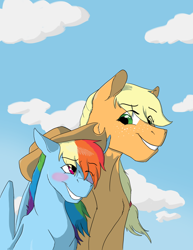 Size: 3400x4400 | Tagged: safe, artist:phobicalbino, applejack, rainbow dash, earth pony, pegasus, pony, g4, accessory swap, applejack's hat, art trade, blush sticker, blushing, cloud, cowboy hat, female, hat, lesbian, looking at each other, mare, ship:appledash, shipping