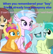 Size: 224x229 | Tagged: safe, edit, edited screencap, screencap, gallus, ocellus, sandbar, silverstream, smolder, yona, dragon, earth pony, griffon, hippogriff, pony, yak, g4, teacher of the month (episode), spoiler:interseason shorts, breaking the fourth wall, caption, cropped, feeling down, frown, implied gallstream, implied rarity, implied shipping, implied sparity, implied spike, implied straight, implied yonabar, meme, picture for breezies, quotation marks, quote, sad, sigh, sitting, student six, talking to herself, talking to viewer