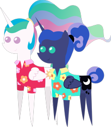 Size: 2093x2377 | Tagged: safe, artist:sketchmcreations, princess celestia, princess luna, alicorn, pony, between dark and dawn, g4, clothes, duo, female, hawaiian shirt, high res, mare, pointy ponies, shirt, simple background, transparent background, vector