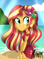 Size: 1536x2048 | Tagged: safe, artist:artmlpk, sunset shimmer, equestria girls, g4, beach, bracelet, cute, female, flower, flower in hair, island, jewelry, looking at you, looking back, looking back at you, mountain, shimmerbetes, smiling, solo, vacation