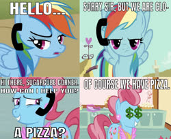 Size: 638x521 | Tagged: safe, edit, edited screencap, editor:undeadponysoldier, screencap, cup cake, rainbow dash, earth pony, pegasus, pony, series:spikebob scalepants, g4, dollar sign, dollar sign eyes, female, mare, phone, phone call, pizza delivery, reference, spongebob squarepants, sugarcube corner