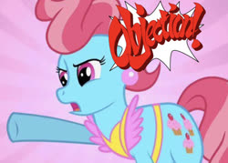 Size: 638x456 | Tagged: safe, edit, edited screencap, editor:undeadponysoldier, screencap, cup cake, earth pony, pony, g4, ace attorney, apron, clothes, ear piercing, earring, female, jewelry, mare, objection, phoenix wright, piercing, pointing, raised hoof, reference, solo, sunburst background, yelling