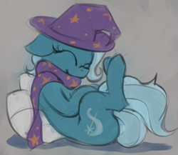 Size: 1055x916 | Tagged: safe, artist:marsminer, trixie, pony, unicorn, g4, cape, clothes, cute, diatrixes, female, hat, mare, pillow, scarf, simple background, solo, trixie's cape, trixie's hat, wizard hat