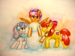 Size: 1920x1440 | Tagged: safe, artist:stardust0130, apple bloom, scootaloo, sweetie belle, earth pony, pegasus, pony, unicorn, g4, clothes, cutie mark crusaders, earmuffs, scarf, scootaloo is not amused, snowman, traditional art, unamused