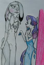 Size: 920x1360 | Tagged: safe, artist:thegloriesbigj, rarity, anthro, arm hooves, clothes, crossover, dress, floppy ears, judy hopps, traditional art, unamused