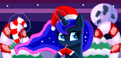 Size: 1757x847 | Tagged: safe, artist:superhypersonic2000, princess luna, alicorn, pony, g4, animated, blinking, candy, candy cane, christmas, cute, female, food, gif, glowing horn, hat, holiday, horn, lunabetes, magic, mare, night, pixel art, santa hat, snow, solo, telekinesis