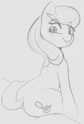 Size: 967x1415 | Tagged: safe, artist:tre, octavia melody, earth pony, pony, semi-anthro, g4, :p, back, blush sticker, blushing, butt, female, grayscale, looking at you, looking back, looking back at you, mare, monochrome, plot, silly, silly pony, simple background, sitting, sketch, solo, tongue out