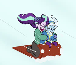 Size: 1280x1094 | Tagged: safe, artist:ponyretirementhome, starlight glimmer, trixie, equestria girls, clothes, female, hat, lesbian, shipping, sled, sledding, snow, startrix, winter, winter outfit